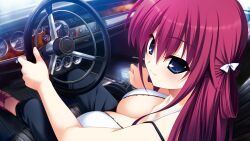 1girl bare_shoulders black_pants blue_eyes bow breasts camisole car car_interior cleavage closed_mouth dashboard from_side fumio_(ura_fmo) game_cg gear_shift grisaia_(series) grisaia_no_meikyuu hair_between_eyes hair_bow hair_rings holding_steering_wheel large_breasts long_hair looking_at_viewer looking_to_the_side motor_vehicle non-web_source over_shoulder pants pink_sandals red_hair sandals solo steering_wheel suou_amane white_bow white_camisole