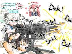 2girls baobhan_sith_(fate) blue_eyes browning_m2 fate/grand_order fate_(series) gun heavy_machine_gun highres holding holding_gun holding_weapon machine_gun morgan_le_fay_(fate) multiple_girls naoruna01 open_mouth ponytail red_hair school_uniform weapon white_hair
