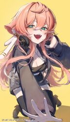 1girl absurdres alternate_costume antlers aqua_eyes black_boots boots breasts cleavage deer_antlers fangs floral_print genshin_impact hair_between_eyes headphones high_heel_boots high_heels highres horns imasaki_kei jewelry long_hair long_sleeves looking_at_viewer necklace open_mouth pink_eyes simple_background smile solo teeth thigh_boots twitter_username upper_teeth_only yanfei_(genshin_impact) yellow_eyes