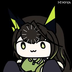 1girl :3 animated animated_gif arknights artist_name black_hair chibi dress green_dress green_eyes loading_icon long_hair looking_at_viewer lowres mon3tr_(arknights) seseren simple_background sleeves_past_fingers sleeves_past_wrists solo transparent_background