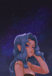 1girl 2049_(hh5566) absurdres adjusting_hair arm_at_side armpits bare_shoulders blue_eyes blue_hair breasts cleavage collarbone crop_top elite_four expressionless eyelashes female_focus hair_intakes hand_up highres karen_(pokemon) light_blue_hair lips long_hair looking_at_viewer looking_to_the_side matching_hair/eyes medium_breasts neck night night_sky nintendo outdoors parted_bangs parted_lips pokemon pokemon_hgss shirt sidelocks sky sleeveless sleeveless_shirt standing star_(sky) starry_sky upper_body wavy_hair yellow_shirt