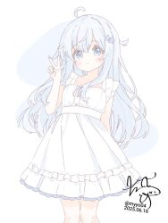 Rule 34 | 1girl, ahoge, alternate costume, arm behind back, arm up, blue eyes, blue hair, chame (myyo04), closed mouth, cowboy shot, dot nose, dress, frilled dress, frills, hair ornament, hibiki (kancolle), highres, kantai collection, light smile, long hair, sidelocks, solo, star (symbol), star hair ornament, sundress, v, white dress
