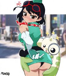 Rule 34 | 1girl, adversarial noise, anger vein, ass, bare shoulders, black eyes, black hair, black panties, blurry, blurry background, breasts, cowboy shot, digimon, digimon (creature), digimon story: time stranger, dress, elbow gloves, from behind, gloves, green dress, green hat, hat, highres, horns, large breasts, looking back, magnifying glass, panties, screenshot background, short dress, short hair, single horn, solo focus, supermondobeat, terriermon, terriermon joshu, underwear, white gloves, yuuki kanan