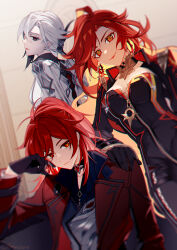 1boy 2girls absurdres arlecchino_(genshin_impact) biker_clothes bikesuit black_bodysuit black_eyes black_gloves bodysuit breasts closed_mouth coat collared_coat collared_jacket commentary_request curtains diluc_(genshin_impact) diluc_(red_dead_of_night)_(genshin_impact) earrings fatui_coat genshin_impact gloves grey_coat grey_vest hand_on_another&#039;s_shoulder high_ponytail highres indoors jacket jewelry lapels large_breasts ljayu mavuika_(genshin_impact) multicolored_hair multiple_girls official_alternate_costume orange_eyes orange_hair orange_pupils ponytail red_coat red_eyes red_hair red_jacket sitting smile streaked_hair sun_earrings symbol-shaped_pupils symbol_in_eye vest white_hair window x-shaped_pupils zipper zipper_pull_tab