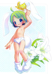 1girl :3 :o animal_ears blue_eyes cat female_focus flower green_hair highres loli nipples open_mouth panties pop solo topless_female underwear underwear_only white_panties