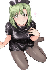 Rule 34 | 1girl, arm support, black pantyhose, breasts, brown eyes, buttons, closed mouth, green hair, hand on own chest, hat, heart, highres, idolmaster, idolmaster (classic), idolmaster million live!, idolmaster million live! theater days, idolmaster starlit season, idolmaster stella stage, looking at viewer, looking up, medium breasts, mole, mole under eye, nail polish, no shoes, nurse, nurse cap, on bed, pantyhose, pink nails, shiika (idolmaster), short hair, short sleeves, simple background, sitting, smile, solo, tsurui, white background