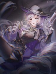 Rule 34 | 1girl, ;), badaga, black hat, black pantyhose, black shorts, black vest, blue eyes, cape, cowboy shot, dark background, detective (silver palace), fedora, female detective (silver palace), gloves, gun, hand up, hat, highres, holding, holding gun, holding weapon, legs up, long hair, long sleeves, looking at viewer, one eye closed, pantyhose, parted lips, purple cape, red pupils, shirt, short shorts, shorts, silver palace, smile, solo, twitter username, very long hair, vest, waistcoat, weapon, white gloves, white hair, white shirt