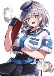 Rule 34 | 1girl, alternate costume, belt, black gloves, black shirt, black skirt, blue belt, blue necktie, blush, breasts, chameleon (chameleon0613), clipboard, fingerless gloves, gloves, green eyes, grey hair, heart, heart-shaped pupils, highres, holding, holding clipboard, hololive, large breasts, looking at viewer, mouth droll, necktie, open mouth, pop (shirogane noel), shirogane noel, shirt, skirt, smile, solo, symbol-shaped pupils, virtual youtuber, white shirt