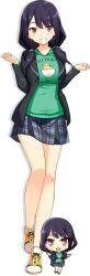 1girl bare_legs black_jacket black_skirt breasts chibi chibi_inset full_body green_shirt grin jacket looking_at_viewer medium_breasts miniskirt moe!_ninja_girls multiple_views official_art open_clothes open_jacket orange_shoes plaid_clothes plaid_skirt pleated_skirt purple_eyes purple_hair second-party_source shirt shoes simple_background skirt smile standing suou_yamabuki yellow_shoes