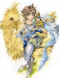 1boy armor belt boco brown_eyes brown_hair bartz_klauser chocobo circlet commentary_request dissidia_final_fantasy final_fantasy final_fantasy_v fingerless_gloves gloves grass hand_up issun_boushi_(ilmtkimoti) riding shirt shoulder_armor simple_background sitting sleeveless sleeveless_shirt tongue tongue_out traditional_media watercolor_pencil_(medium) white_background white_shirt