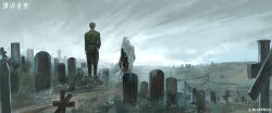 Rule 34 | 2boys, absurdres, belt, blonde hair, blue coat, boots, brown boots, charon (reverse:1999), coat, copyright name, copyright notice, cross, facing away, from behind, gloves, grave, graveyard, green jacket, green pants, grey sky, hand in pocket, highres, hill, holding, holding notebook, jacket, logo, male focus, military uniform, multiple boys, notebook, official art, outdoors, overcast, pants, reverse:1999, sam browne belt, sky, standing, tombstone, veil, white gloves, white veil, wide shot