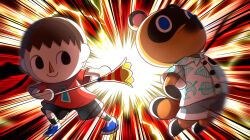 2boys animal_crossing animal_ears black_eyes blue_eyes brown_hair closed_mouth commentary_request empty_eyes full_body furry furry_male grey_shorts hawaiian_shirt highres kusaremix lightning looking_at_another looking_to_the_side male_focus multiple_boys nintendo party_popper raccoon_boy raccoon_ears raccoon_tail red_shirt shirt short_hair short_sleeves shorts smile sunburst super_smash_bros. tail tom_nook_(animal_crossing) villager_(animal_crossing) white_shirt