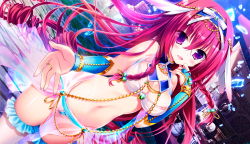 1girl blush braid breasts crystal female_focus game_cg hairband jewelry large_breasts legs long_hair looking_at_viewer lots_of_jewelry mayoeru_futari_to_sekai_no_subete_love_heaven_300_percent navel open_mouth purple_eyes pussy red_hair ring see-through_clothes smile solo standing thighs youta