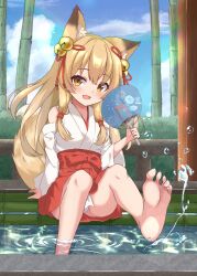 1girl absurdres animal_ears bamboo blue_sky fox_ears fox_girl fundoshi highres japanese_clothes miko sky