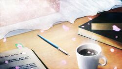 Rule 34 | book, bookmark, chinese commentary, coffee, coffee mug, commentary request, cup, curtains, falling petals, highres, mug, no humans, open book, original, pen, petals, table, zaq (pgvc4472)