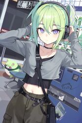 1girl absurdres alternate_costume bag black_choker brown_pants cargo_pants chico_(yuzuha_riko) choker closed_mouth commentary cone_hair_bun crop_top green_hair green_pants hair_between_eyes hair_bun hair_ornament handbag hands_up headphones highres layered_shirt long_sleeves looking_at_viewer midriff multicolored_eyes navel pants purple_eyes shirt solo standing stellive suumon sweater thick_eyelashes twintails v-neck vending_machine virtual_youtuber white_streaks yuzuha_riko