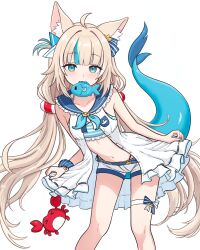 1girl absurdres animal_ear_fluff animal_ears belt bikini bikini_under_clothes blonde_hair blue_eyes blue_hair blue_streaks bow cat_ears commentary crab dress english_commentary feet_out_of_frame fins fish fish_girl fish_tail flat_chest highres indie_virtual_youtuber lifebuoy_hair_ornament long_hair looking_at_viewer low_twintails mouth_hold multicolored_hair navel open_clothes open_dress paper_boat sailor_collar sameko_saba scrunchie short_shorts shorts simple_background skirt_hold sleeveless solo standing streaked_hair suoniko swimsuit tail twintails virtual_youtuber white_background white_dress white_shorts wrist_scrunchie