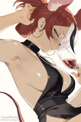 1girl alcohol alternate_costume animal_ears arm_up black_hair blue_eyes breasts color_sometimes colorized commentary cup dress drinking_glass earrings english_commentary highres hololive hololive_english hoop_earrings jewelry large_breasts mama_rat_(hakos_baelz) mouse_ears mouse_girl mouse_tail multicolored_hair red_hair sideboob solo streaked_hair sunset_skyline tail textless_version third-party_edit virtual_youtuber white_hair wine wine_glass