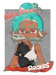 Rule 34 | 1girl, black bra, black gloves, blonde hair, blue hair, border, bra, bra peek, commentary request, copyright name, crop top, cropped torso, dark-skinned female, dark skin, fangs, fingerless gloves, flat chest, freckles, gloves, gradient hair, grey background, highres, inkling, inkling girl, inkling player character, mechanic (splatoon raiders), mouth hold, multicolored hair, nintendo, parted bangs, pointy ears, ponytail, purple hair, raiazuma, red eyes, shirt, short hair, solo, splatoon (series), splatoon raiders, tentacle hair, underwear, white border, white shirt, wrench