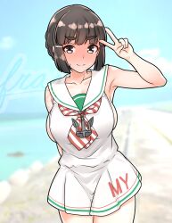 Rule 34 | 1girl, absurdres, alternate costume, beach, black hair, blue sky, breasts, brown eyes, cloud, cosplay, day, dress, furaggu (frag 0416), highres, kantai collection, large breasts, libeccio (kancolle), libeccio (kancolle) (cosplay), myoukou (kancolle), neckerchief, outdoors, red neckerchief, sailor collar, sailor dress, short hair, sky, sleeveless, sleeveless dress, solo, standing, striped neckerchief, v, white dress, white sailor collar