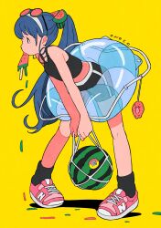 Rule 34 | 1girl, black shirt, black shorts, black socks, blue hair, crop top, cropped shirt, eyewear on head, food, food-themed hair ornament, food in mouth, fruit, full body, hair ornament, highres, innertube, long hair, melting, onoconokoko0625, original, ponytail, popsicle, red shoes, round eyewear, shirt, shoes, shorts, simple background, sleeveless, sleeveless shirt, sneakers, socks, solo, standing, sunglasses, swim ring, watermelon, watermelon bar, watermelon hair ornament, yellow background