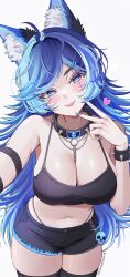 1girl absurdres animal_ear_fluff animal_ears black_camisole black_thighhighs blue_eyes blue_hair bracelet breasts camisole chaisia_art cleavage collar heart highleg highleg_panties highres indie_virtual_youtuber jewelry large_breasts light_blush long_hair navel panties reaching reaching_towards_viewer scar scar_across_eye scar_on_face selfie short_shorts shorts solo spiked_bracelet spiked_collar spikes spite_(vtuber) thighhighs underwear v virtual_youtuber wolf_ears wolf_girl