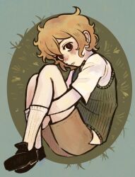 Rule 34 | 1boy, alternate eye color, basil (faraway) (omori), basil (omori), black eyes, black shoes, blonde hair, blush, brown shorts, collared shirt, full body, green sweater vest, highres, knees up, looking at viewer, lying, male focus, omori, on side, ottie pops, parted lips, shirt, shoes, short hair, short sleeves, shorts, socks, solo, sweater vest, white shirt, white socks