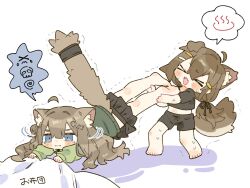 &gt;_&lt; 2girls ahoge animal_ear_fluff animal_ears barefoot black_shirt black_shorts black_skirt blush_stickers brown_hair cat_ears cat_girl cat_tail closed_eyes closed_mouth commentary_request crop_top cropped_shirt detached_ahoge dog_ears dog_girl dog_tail futon green_sweater hair_ornament hairclip highres kipfel_(vrchat) long_hair long_sleeves mamehinata midriff multiple_girls navel notamaru_2 open_mouth pulling shirt short_sleeves shorts simple_background skirt spoken_symbol sweat sweater tail tears trembling vrchat white_background
