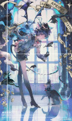 1boy absurdres animal_ears black_cat blue_eyes cat cat_boy cat_ears cat_tail flower highres holding long_sleeves male_focus original short_hair shorts solo tail window wings www_shigure