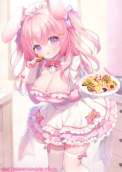 1girl animal_ears bow bow_legwear breasts cookie cowboy_shot dress eating food holding holding_cookie holding_food large_breasts melonbooks oppai_loli original pink_bow pink_eyes pink_hair rabbit_ears rabbit_girl thighhighs two_side_up usashiro_mani white_thighhighs