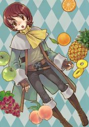 1990s_(style) 1boy apple arc arc_(ff3) argyle_background argyle_clothes diamond_(gemstone) final_fantasy final_fantasy_iii food fruit grapes lowres male_focus orange_(fruit) peach pineapple retro_artstyle solo