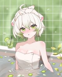 ahoge animal_ears bare_shoulders bath blush breasts bubble cup drink ferret ferret_ears ferret_girl food fruit gradient_hair green_eyes green_hair ice in_bathtub indie_virtual_youtuber laimu_(vtuber) leaf lime_(fruit) lime_slice medium_breasts multicolored_hair naked_towel partially_submerged plant steam steaming_body towel towel_on_head tsukasa12598 two-tone_hair upper_body virtual_youtuber water white_hair