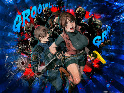 Rule 34 | bike shorts, bullet hole, claire redfield, fingerless gloves, gloves, golden gun, gun, highres, katou teppei, leon s. kennedy, open mouth, ponytail, resident evil, resident evil 2, running, trigger discipline, weapon, zombie