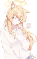 1girl alternate_costume animal_ear_fluff animal_ears blue_archive blue_eyes commentary halo hand_up highres k0me long_hair long_sleeves looking_at_viewer mari_(blue_archive) orange_hair simple_background sleeves_past_wrists solo sweater translated white_background yellow_halo