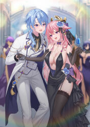 Rule 34 | 1boy, 1girl, :d, absurdres, bare shoulders, black choker, black dress, black garter straps, black gloves, black thighhighs, blue gemstone, blue hair, blurry, blurry background, bow, bowtie, breasts, champagne flute, choker, cleavage, collarbone, commentary request, cup, dress, drinking glass, elbow gloves, formal clothes, garter straps, gem, genshin impact, gloves, grey gloves, hair between eyes, hand up, highres, holding, holding cup, holding hands, hydro symbol (genshin impact), indoors, jacket, kamisato ayato, kamizo0456, korean commentary, lapels, large breasts, leaning forward, long hair, long sleeves, looking at another, male focus, notched lapels, open mouth, pants, plunging neckline, purple bow, purple bowtie, purple eyes, purple gemstone, sideboob, sleeveless, sleeveless dress, smile, suit, thighhighs, very long hair, vision (genshin impact), white jacket, white pants, white suit, yae miko