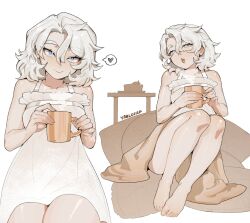 1girl alohapz artist_name barefoot blanket blush breasts cup dress frilled_dress frills grey_eyes grey_hair heart highres holding holding_cup legs_up looking_at_viewer medium_breasts medium_hair mug open_mouth original sitting smile spoken_heart
