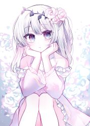 1girl bare_shoulders blush character_request closed_mouth collarbone commentary_request detached_sleeves dress feet_out_of_frame floral_background frilled_dress frilled_sleeves frills g_ieep grey_eyes grey_hair hair_between_eyes knees_up layered_sleeves long_hair long_sleeves looking_at_viewer maplestory mole mole_under_eye multicolored_hair pink_dress puffy_short_sleeves puffy_sleeves short_over_long_sleeves short_sleeves solo two-tone_hair white_background white_hair white_sleeves