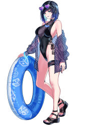 1girl absurdres bare_shoulders black_hair black_one-piece_swimsuit blue_hair bob_cut breasts cleavage covered_navel diagonal_bangs dice earrings full_body genshin_impact green_eyes grey_jacket highleg highleg_one-piece_swimsuit highres innertube jacket jewelry large_breasts long_sleeves looking_at_viewer multicolored_hair necklace off_shoulder one-piece_swimsuit sandals see-through_cleavage see-through_clothes see-through_jacket short_hair smile solo swim_ring swimsuit two-tone_hair yelan_(genshin_impact) yuito_(yuitokobunasbs0)