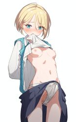 1girl absurdres arms_behind_back blonde_hair blue_eyes blue_skirt blue_sweater_vest blush breasts bulge clothes_in_mouth clothes_lift collared_shirt cowboy_shot embarrassed erection erection_under_clothes futanari hair_between_eyes highres long_sleeves navel nemu_mayo nipples no_bra original panties penis pleated_skirt shirt shirt_lift short_hair simple_background skirt small_breasts solo standing sweat sweater_vest tearing_up thighs underwear white_background white_panties white_shirt
