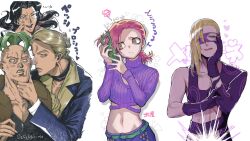 5boys absurdres bare_pectorals belt black_hair blonde_hair brown_eyes clothing_cutout freckles green_belt green_eyes green_hair heart highres holding_frog illuso jojo_no_kimyou_na_bouken kitaya licking_lips male_focus mask melone midriff multiple_boys navel parted_lips pectorals pesci pink_hair prosciutto purple_sweater short_braid short_hair sweater tongue tongue_out translation_request vento_aureo vinegar_doppio