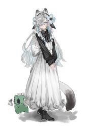 1girl alternate_costume animal_ears apron back_bow black_boots black_bow black_bowtie black_dress blue_flower blue_hair boots bow bowtie cat_ears cat_tail closed_mouth collared_dress commentary dress duster enmaided flower frilled_apron frills full_body gomidasu_(kamitsubaki_studio) grey_hair hair_flower hair_ornament hair_over_one_eye highres holding holding_duster isekaijoucho kamitsubaki_studio kemonomimi_mode kp3963 light_blush long_dress long_hair long_sleeves maid maid_headdress one_eye_covered puffy_long_sleeves puffy_sleeves sidelocks simple_background sketch sleeves_past_wrists slit_pupils smile solo_focus split_mouth standing symbol-only_commentary tail v_arms virtual_youtuber white_apron white_background