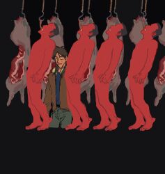 5boys absurdres black_background black_hair bomber_jacket brown_jacket chinese_commentary colored_skin commentary_request cowboy_shot cropped_legs dead_animal faceless faceless_male food grey_pants highres hook itou_kaiji jacket kaiji long_hair long_sleeves looking_at_viewer male_focus meat meat_hook mimulishizi multiple_boys open_mouth pants pig pointy_nose red_skin simple_background sweat