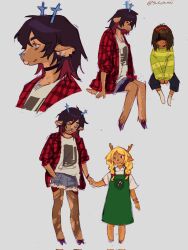 1other 2girls animal_ears antlers black_choker black_hair black_pants black_pantyhose blonde_hair blue_eyes blue_nose bow bracelet braid brown_fur brown_hair buck_teeth capri_pants checkered_clothes checkered_shirt choker collared_shirt colored_inner_hair commentary cutoffs dark_skin december_holiday deer_antlers deer_ears deer_girl deltarune denim denim_shorts design_speculation dress ear_piercing english_commentary from_side full_body furry furry_female green_dress green_sweater grey_background highres holding_hands hooves horn_hairband horns jewelry kris_(deltarune) long_sleeves multicolored_hair multiple_girls multiple_views no_shoes noelle_holiday open_clothes open_shirt pants pantyhose piercing portrait profile red_bow red_hair red_nose red_shirt shirt short_hair shorts siblings simple_background sisters sitting sleeves_rolled_up socks striped_clothes striped_sweater susujenii sweater t-shirt teeth thick_eyebrows torn_clothes torn_pantyhose twin_braids twitter_username two-tone_hair white_shirt white_socks