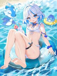 1girl ahoge barefoot bikini blue_bow blue_bowtie blue_eyes blue_gemstone blue_hair blue_innertube blue_nails blue_pupils blue_scrunchie blush bow bowtie breasts collarbone commentary cup day drinking_glass drinking_straw drop-shaped_pupils fingernails frilled_bikini frills furina_(genshin_impact) gem genshin_impact hair_between_eyes hashtag-only_commentary heterochromia highres holding holding_cup looking_at_viewer mademoiselle_crabaletta medium_hair nail_polish navel on_innertube open_mouth outdoors scrunchie small_breasts solo stomach surintendante_chevalmarin swimsuit symbol-shaped_pupils teardrop-shaped_gem tsukise_miwa water white_bikini white_hair wrist_scrunchie
