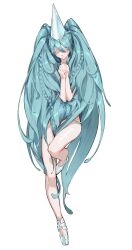 1girl absurdres alternate_costume aqua_hair ballet_slippers braid closed_eyes closed_mouth commentary conical_hat facing_viewer full_body hair_censor hat hatsune_miku highres implied_nudity interlocked_fingers knee_up long_hair looking_at_viewer own_hands_together praying shoes simple_background solo tiptoes very_long_hair vocaloid wabao_laowusuo white_background white_hat white_shoes