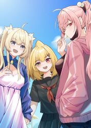3girls a_pi absurdres black_serafuku black_shirt black_skirt blonde_hair blue_eyes blue_jacket blue_sky breasts c_chan_(vtuber) candy cleavage cloud commentary_request day dress fangs food gem group_picture hair_between_eyes hair_ornament hair_tie hairclip hand_on_own_chest happy heterochromia high_ponytail highres holding_hands hpapo indie_virtual_youtuber jacket kaofish large_breasts lollipop long_bangs long_hair long_sleeves looking_at_viewer medium_hair multiple_girls neckerchief outdoors pink_hair pink_jacket pleated_skirt ponytail red_eyes red_neckerchief school_uniform serafuku shirt short_sleeves skin_fangs skirt sky smile standing sunlight twintails white_dress yellow_eyes