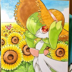 blue_sky bob_cut brown_hat clothed_pokemon cloud colored_skin dated dress field flower flower_field game_freak gardevoir gen_3_pokemon gen_7_pokemon green_hair green_skin hair_over_one_eye hand_on_headwear hat highres lurantis multicolored_skin nintendo photo_(medium) pink_eyes pokemon pokemon_(creature) sky smile sun_hat sunflower sunflower_field traditional_media two-tone_skin white_dress white_skin zakro