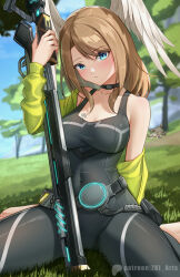 1girl bare_shoulders black_bodysuit black_choker blue_eyes bodysuit breast_tattoo breasts brown_hair choker collarbone day eunie_(xenoblade) feathered_wings green_jacket gun head_wings highres holding holding_gun holding_staff holding_weapon jacket large_breasts long_hair long_sleeves looking_at_viewer off_shoulder open_clothes open_jacket outdoors parted_lips solo staff tattoo weapon white_wings wings xenoblade_chronicles_(series) xenoblade_chronicles_3 z-ki