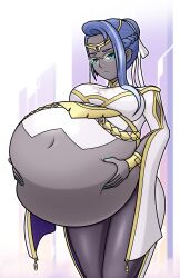 1girl absurdres big_belly blue_hair blue_nails breasts dark-skinned_female dark55321 dark_skin fire_emblem fire_emblem_heroes glasses hair_bun heimdallr_(fire_emblem) highres holding_belly large_breasts lipstick looking_at_viewer makeup navel nintendo office_lady serious solo stomach_bulge