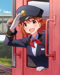 Rule 34 | 10s, 1girl, blush, brown hair, female focus, gloves, hair bobbles, hair ornament, hat, idolmaster, idolmaster million live!, kawakami tetsuya, official art, open mouth, peaked cap, salute, short hair, smile, solo, train, train attendant, travel attendant, uniform, yabuki kana, yellow eyes